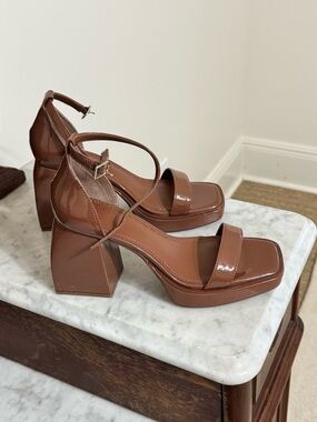 Patent Brown Block Heel Sandals with Ankle Strap
